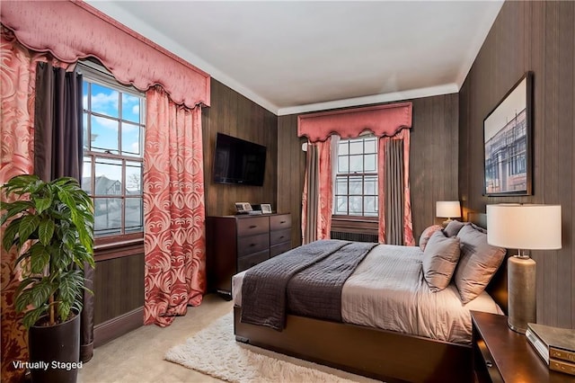 8044 Narrows Ave, Brooklyn, NY 11209 - bedroom featuring light carpet, multiple windows, and wooden walls