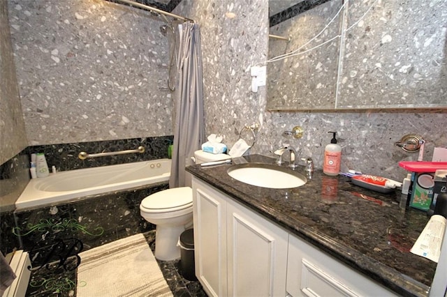 2070 Pearson St, Brooklyn, NY 11234 - full bathroom featuring vanity, toilet, decorative backsplash, and shower / tub combo with curtain