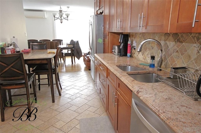 2070 Pearson St, Brooklyn, NY 11234 - kitchen featuring a chandelier, brown cabinetry, a sink, decorative backsplash, and stone tile flooring