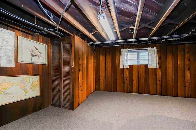 below grade area featuring wooden walls and carpet floors