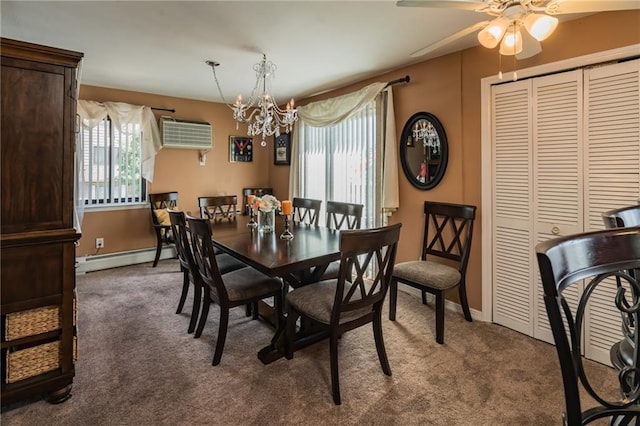 carpeted dining area featuring plenty of natural light, baseboards, a baseboard radiator, and ceiling fan with notable chandelier