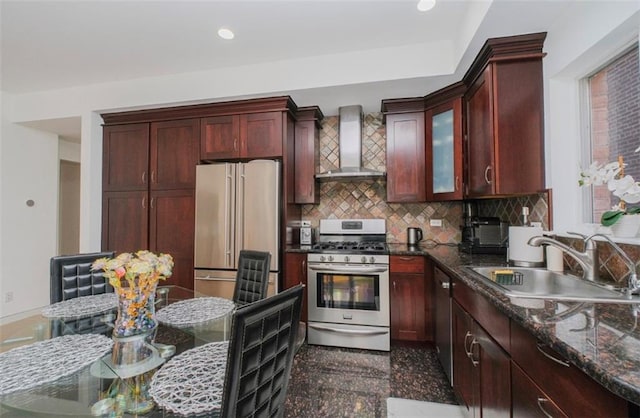 2841 Ford St Unit 1R, Brooklyn, NY 11235 - kitchen featuring wall chimney exhaust hood, appliances with stainless steel finishes, a sink, backsplash, and glass insert cabinets