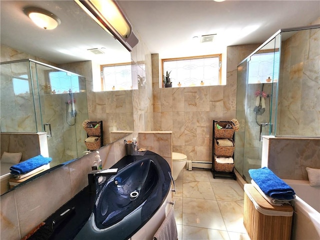 129 W End Ave Unit 3B, Brooklyn, NY 11235 - full bath with tile walls, a stall shower, baseboard heating, toilet, and vanity