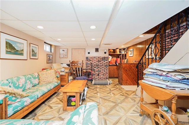 71 Abingdon Ave, Staten Island, NY 10308 - living area with wooden walls, recessed lighting, stairway, and a paneled ceiling