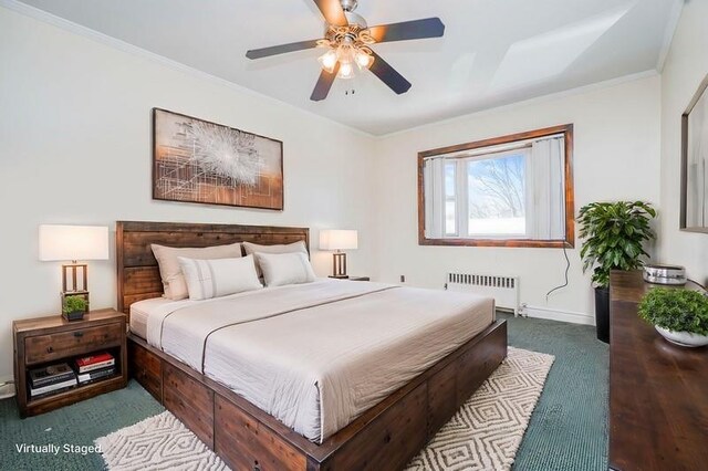 bedroom featuring carpet, radiator, ornamental molding, baseboards, and a ceiling fan