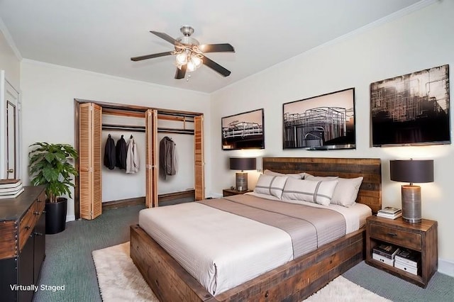 carpeted bedroom featuring crown molding, a closet, ceiling fan, and baseboards