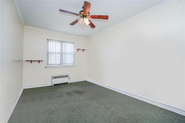 2567 E 6th St, Brooklyn, NY 11235 - spare room featuring radiator, dark colored carpet, crown molding, ceiling fan, and baseboards
