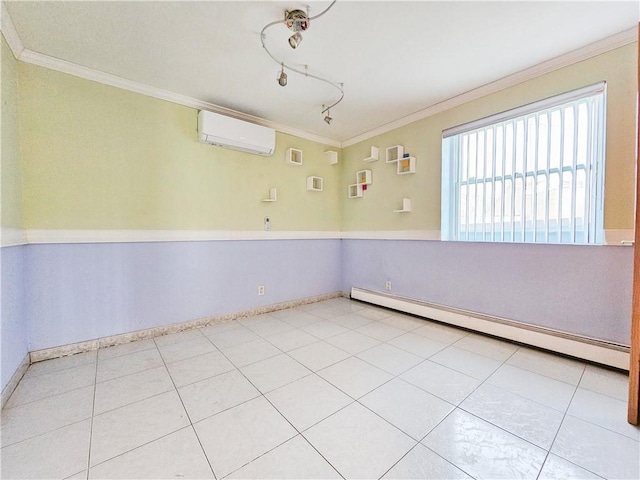 unfurnished room featuring baseboards, ornamental molding, a baseboard heating unit, and a wall mounted air conditioner