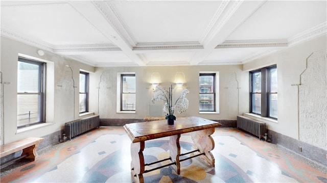 460 Ovington Ave Unit 3G, Brooklyn, NY 11209 - office area featuring radiator heating unit, coffered ceiling, beam ceiling, plenty of natural light, and ornamental molding