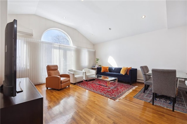 8719 Bay 16th St Unit 3A, Brooklyn, NY 11214 - living area featuring lofted ceiling, a baseboard radiator, and wood finished floors