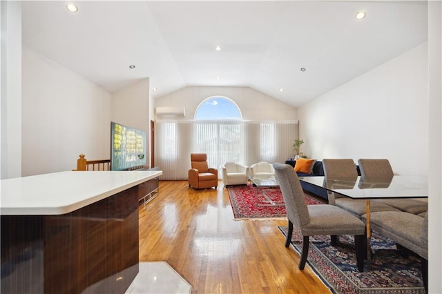 8719 Bay 16th St Unit 3A, Brooklyn, NY 11214 - dining area with light wood-style flooring, lofted ceiling, and recessed lighting