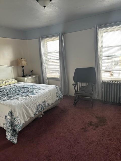 bedroom with multiple windows, radiator heating unit, and carpet