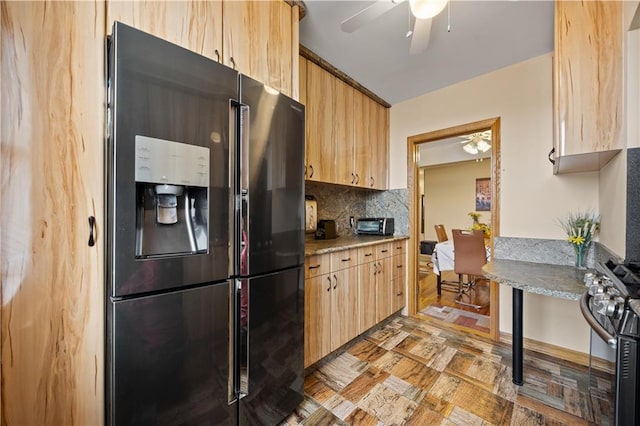 2260 Benson Ave Unit 5C, Brooklyn, NY 11214 - kitchen with decorative backsplash, ceiling fan, light brown cabinets, and stainless steel appliances