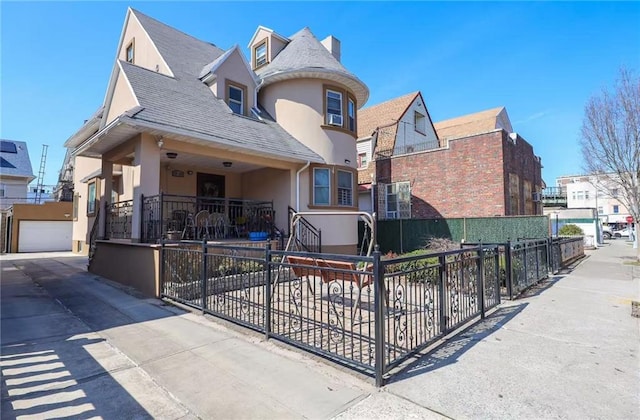 view of front facade with a fenced front yard, stucco siding, and a garage