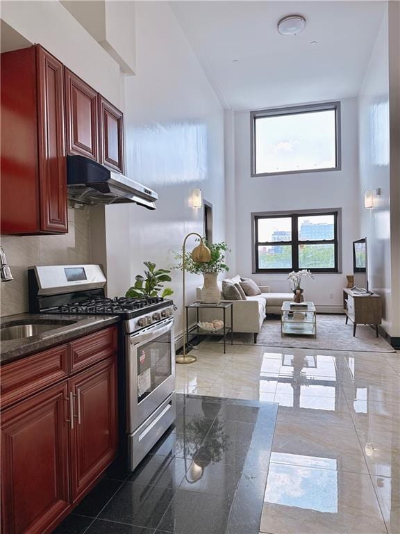 31-47 137th St Unit 4B, Brooklyn, NY 11354 - kitchen featuring a towering ceiling, under cabinet range hood, gas range, dark brown cabinets, and tasteful backsplash