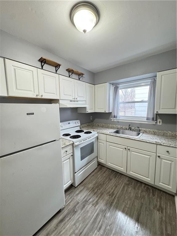kitchen featuring a sink, under cabinet range hood, dark wood-style floors, and white appliances