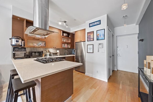282 21st St Unit 2C, Brooklyn, NY 11215 - kitchen featuring appliances with stainless steel finishes, island exhaust hood, open shelves, a peninsula, and backsplash