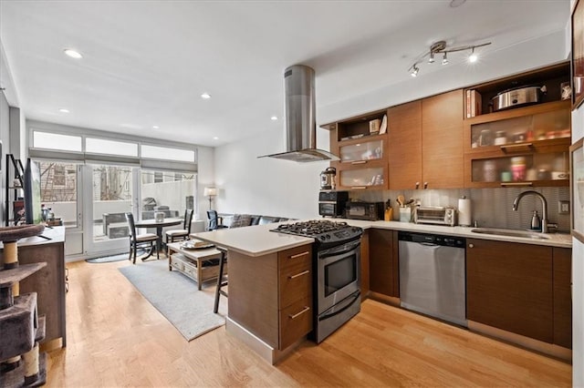 282 21st St Unit 2C, Brooklyn, NY 11215 - kitchen featuring stainless steel appliances, island exhaust hood, a sink, a peninsula, and light countertops