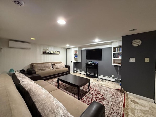 living room with a wall unit AC, recessed lighting, and built in features
