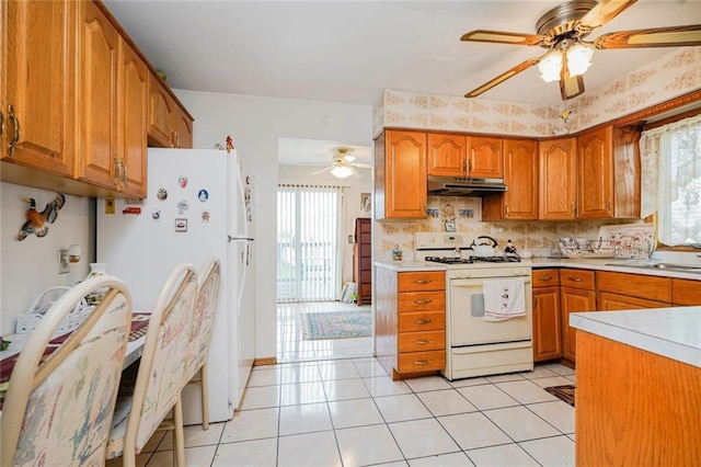 39 Longdale St, Staten Island, NY 10314 - kitchen featuring white appliances, ceiling fan, under cabinet range hood, a sink, and healthy amount of natural light