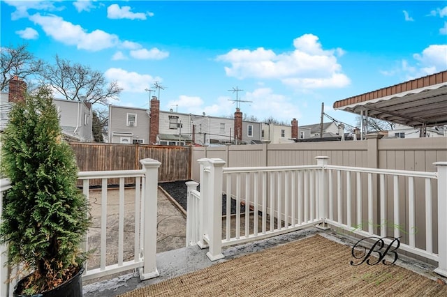 exterior space with a residential view and a fenced backyard