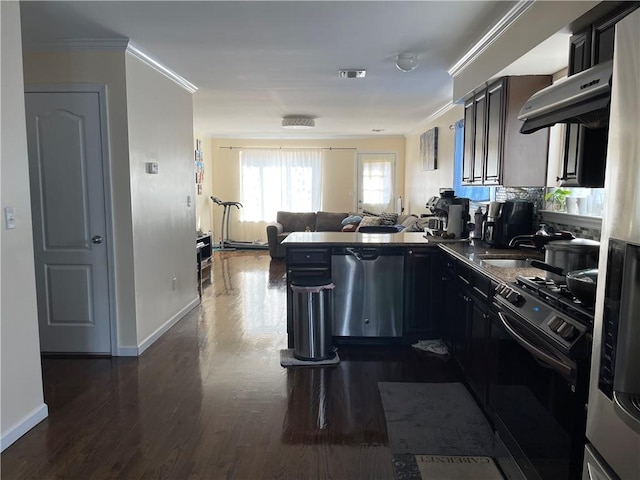 81 Burgundy Loop, Staten Island, NY 10304 - kitchen with open floor plan, crown molding, dark wood-style flooring, dishwasher, and gas stove