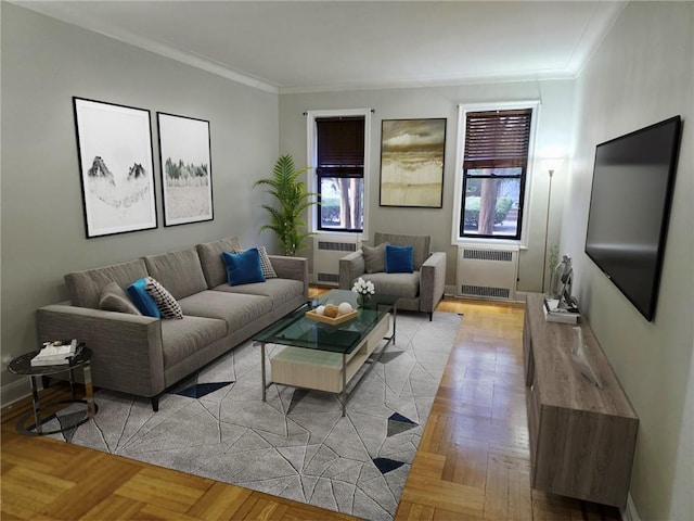 living room with baseboards, radiator, and ornamental molding