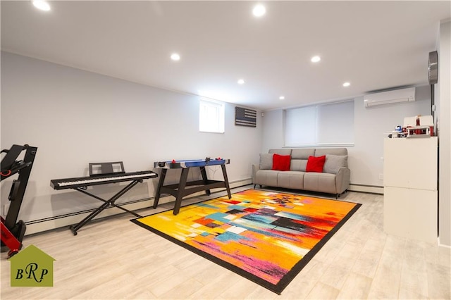 living room with light wood-style floors, a wall mounted air conditioner, baseboard heating, and recessed lighting