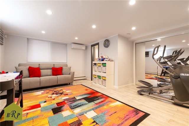 living room featuring wood finished floors, a wall unit AC, baseboard heating, and recessed lighting