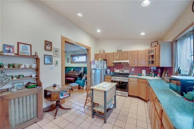 447 Greeley Ave, Staten Island, NY 10306 - kitchen featuring stainless steel appliances, under cabinet range hood, backsplash, vaulted ceiling, and healthy amount of natural light