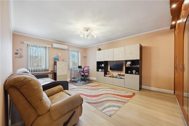 4640 Bedford Ave, Brooklyn, NY 11235 - living room featuring a wall mounted air conditioner, baseboards, light wood-type flooring, and ornamental molding