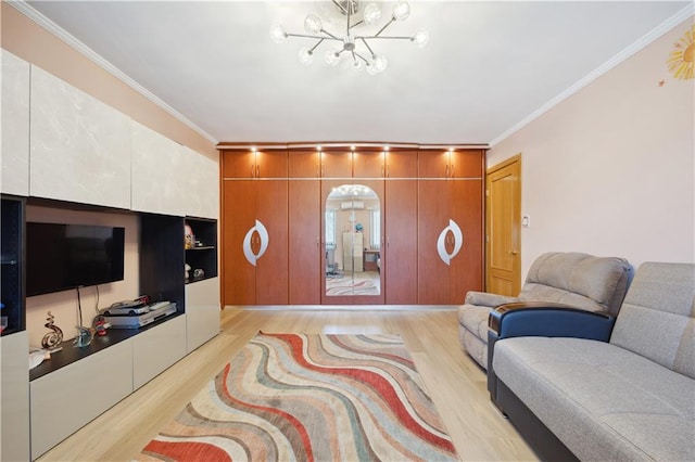 4640 Bedford Ave, Brooklyn, NY 11235 - living area with wood finished floors, a notable chandelier, and ornamental molding