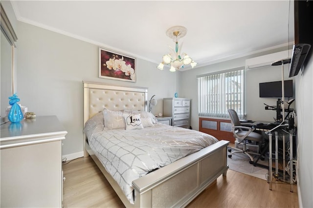 4640 Bedford Ave, Brooklyn, NY 11235 - bedroom featuring light wood-style flooring, an inviting chandelier, ornamental molding, and an AC wall unit