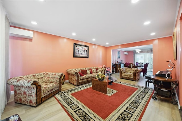 4640 Bedford Ave, Brooklyn, NY 11235 - living room with baseboards, recessed lighting, crown molding, a wall unit AC, and wood finished floors