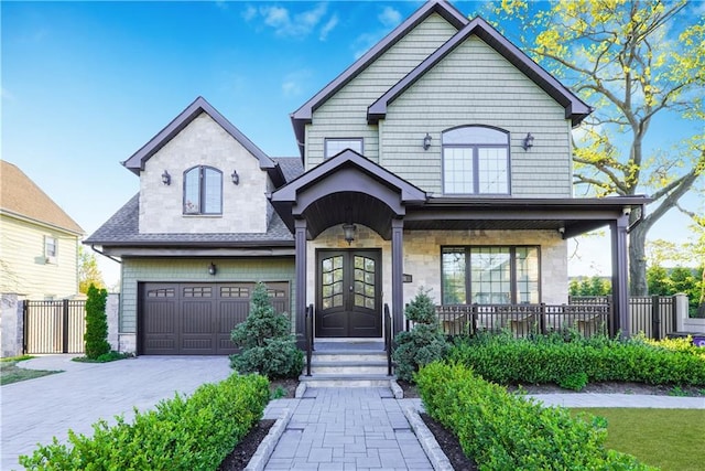 21 Sprague Ave, Staten Island, NY 10307 - view of front facade featuring french doors, covered porch, driveway, a garage, and stone siding