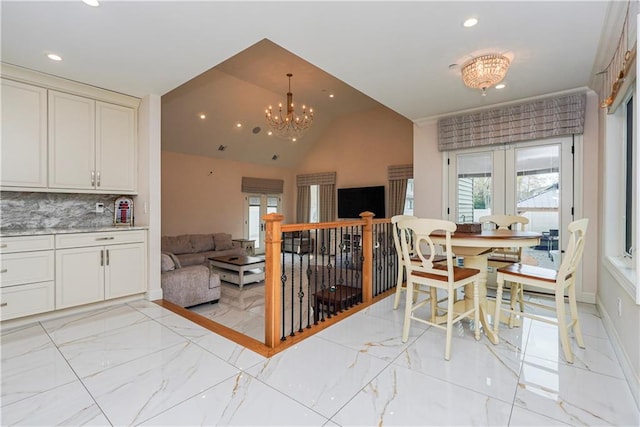 21 Sprague Ave, Staten Island, NY 10307 - dining area with recessed lighting, light marble finish floors, a chandelier, and vaulted ceiling