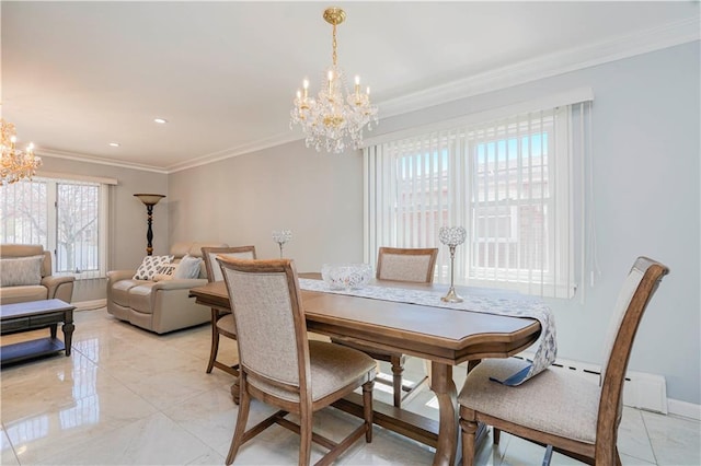 dining area with a notable chandelier, marble finish floor, and ornamental molding