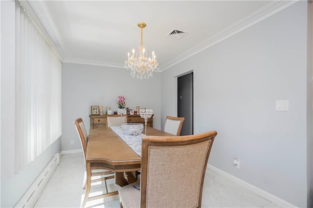dining room with crown molding, visible vents, baseboards, and a notable chandelier