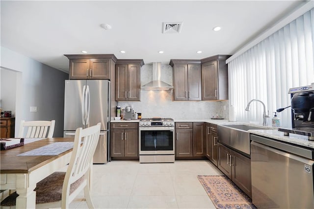 kitchen with visible vents, a sink, wall chimney range hood, dark brown cabinets, and stainless steel appliances