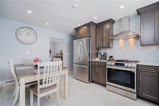 kitchen featuring tasteful backsplash, dark brown cabinetry, wall chimney range hood, and stainless steel appliances