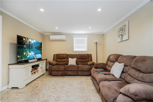 living area with crown molding, baseboards, an AC wall unit, and recessed lighting