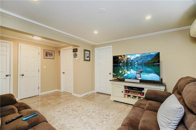 living room with crown molding, baseboards, and recessed lighting