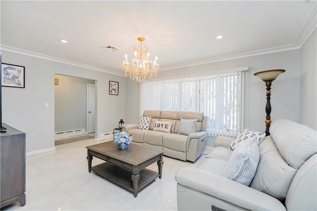 living area with visible vents, baseboards, ornamental molding, a chandelier, and a baseboard heating unit