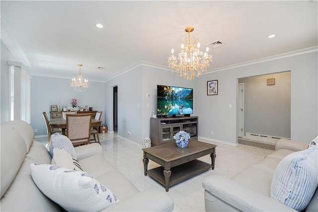 living area with a chandelier, visible vents, baseboards, and ornamental molding