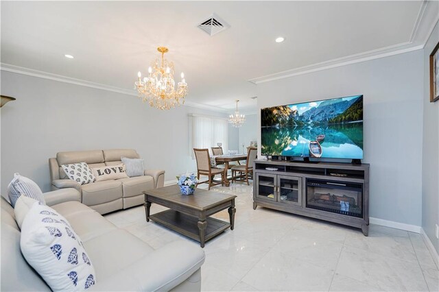 living area featuring baseboards, visible vents, a chandelier, marble finish floor, and crown molding