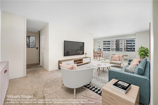 living area featuring carpet floors