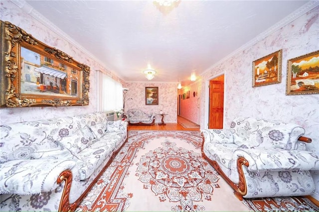 2235A 84th St Unit 1C, Brooklyn, NY 11214 - living room with ornamental molding, wallpapered walls, and wood finished floors