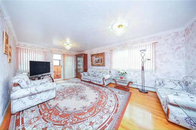 2235A 84th St Unit 1C, Brooklyn, NY 11214 - living area featuring ornamental molding, wallpapered walls, and wood finished floors