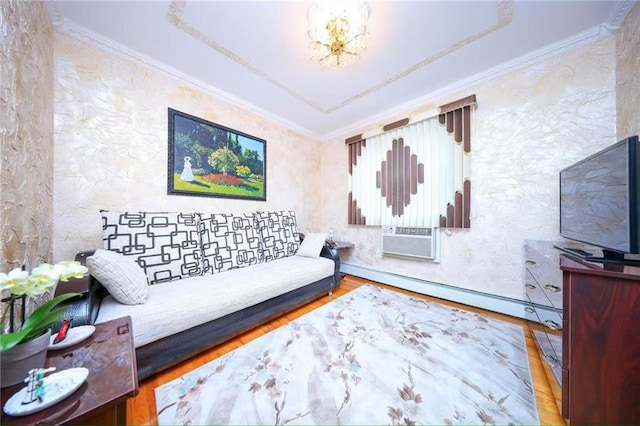 2235A 84th St Unit 1C, Brooklyn, NY 11214 - living area featuring a baseboard heating unit, wood finished floors, ornamental molding, cooling unit, and a chandelier