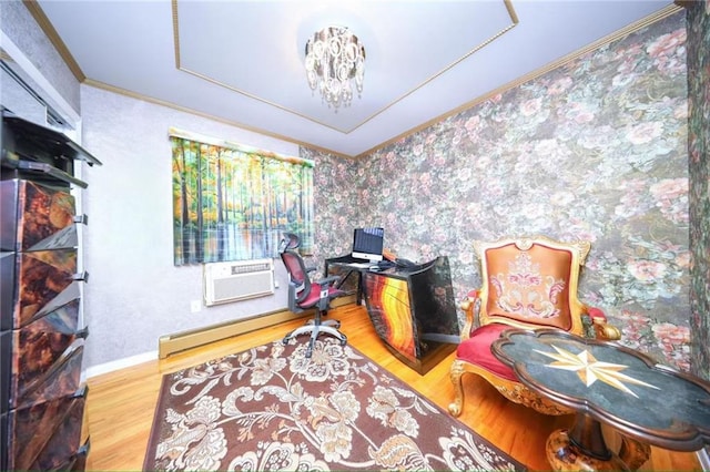 2235A 84th St Unit 1C, Brooklyn, NY 11214 - office with wood finished floors, a wall mounted AC, a baseboard radiator, and ornamental molding